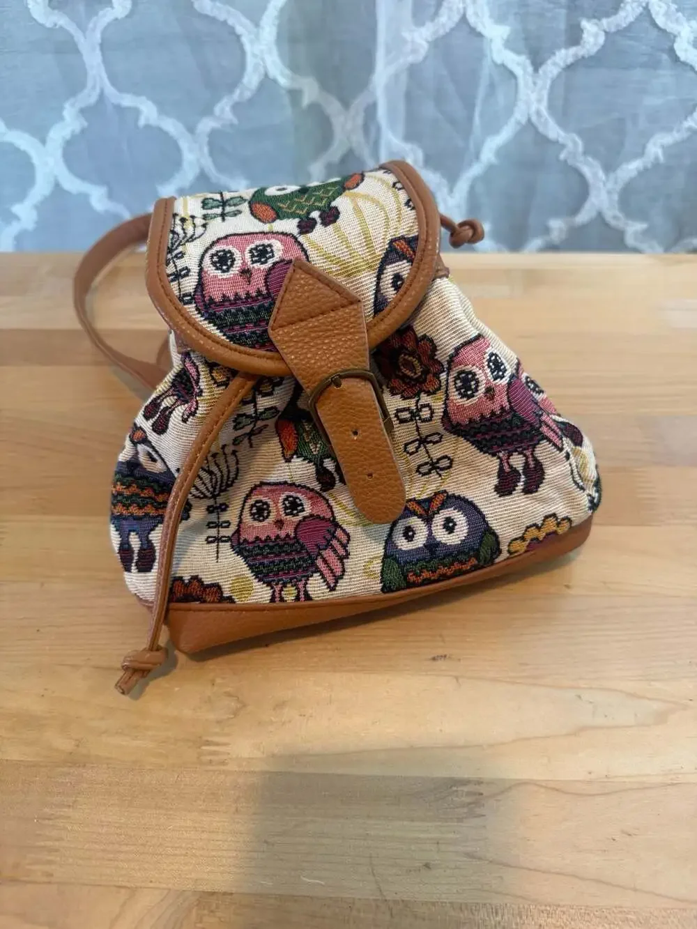 Small Tapestry Owl Print Mini Backpack with Brown Faux Leather Trim